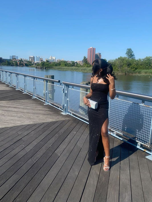 Black Sequin Slit Long Prom Dress Sparkling Evening Gown