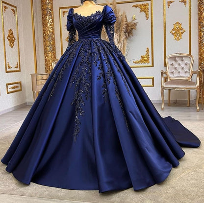 Elegant Navy Blue O Neck Sequined Appliques Long Sleeves Quinceanera Evening Dress Ball Gown Floor Length Princess Prom Dress
