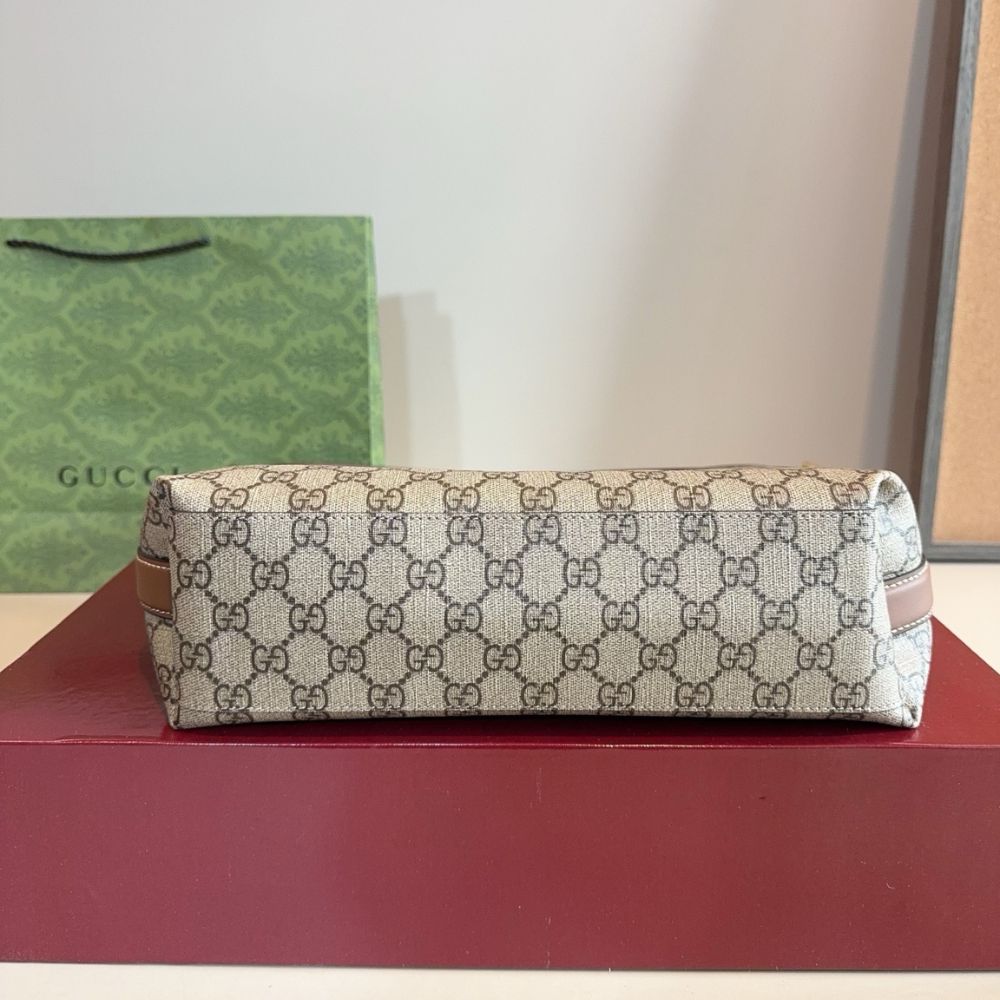 Gucci GG Emblem Medium Bucket Bag Beige And Dark Brown Fabric 29Cm 815103 FAD6L 9758