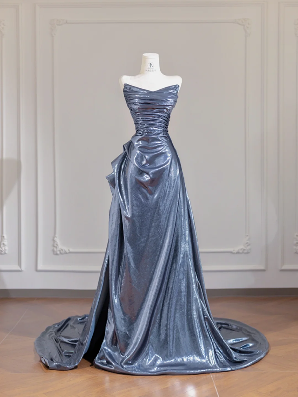 Gray-blue strapless fitted long ball gown R8257