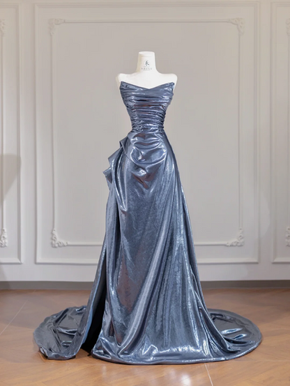 Gray-blue strapless fitted long ball gown R8257
