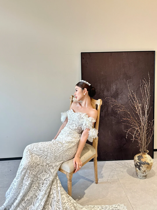 White tube top lace waist slim fishtail sexy long dress bridal gown R6058