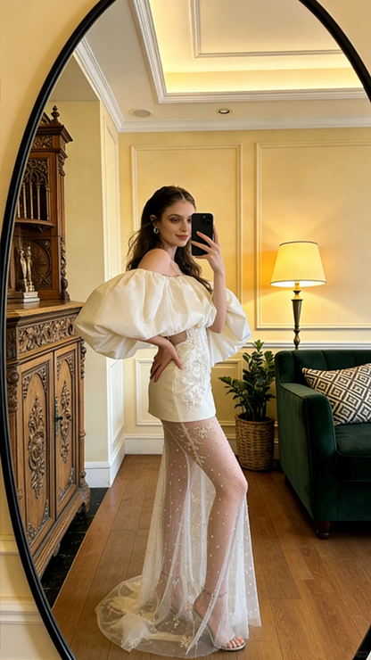 White off-the-shoulder fitted short sexy ball gown R8589