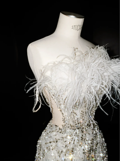 White tube top feather waist slim sequin fishtail maxi dress, prom dress R5662