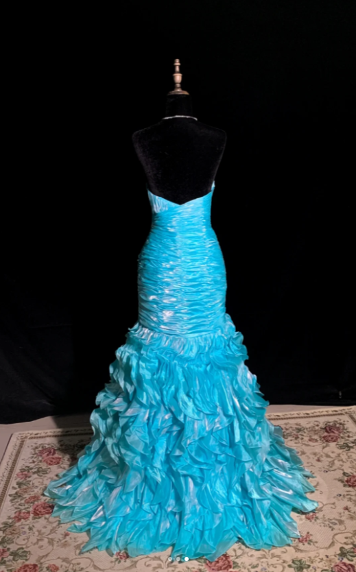 Lake blue strapless fitted waist pleated long ball gown R8680