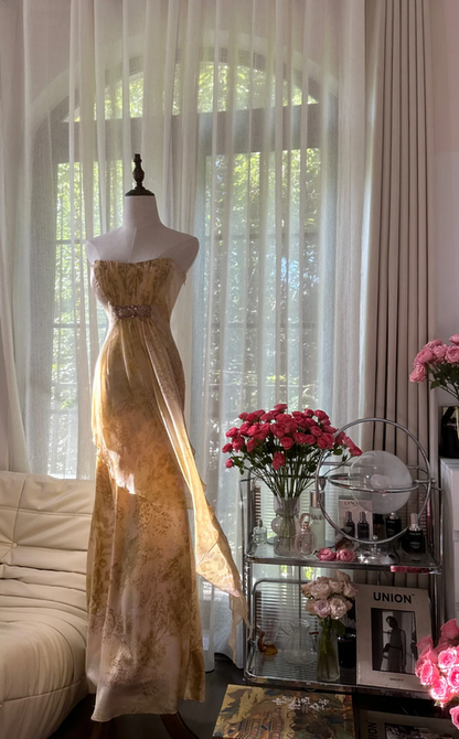 Champagne gold strapless fitted long ball gown R7692