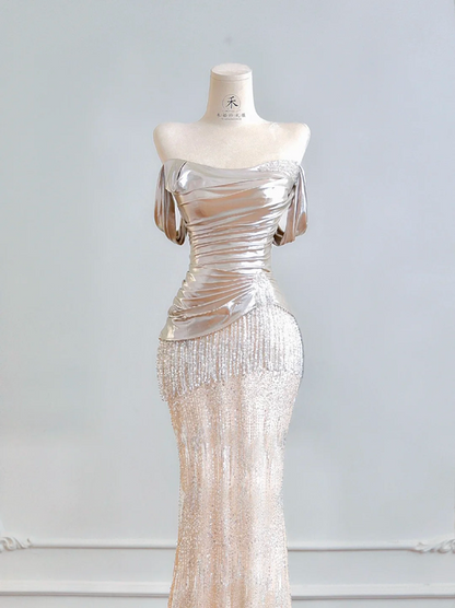 Silver off-the-shoulder fitted bodice, light pink bodycon long ball gown R8202