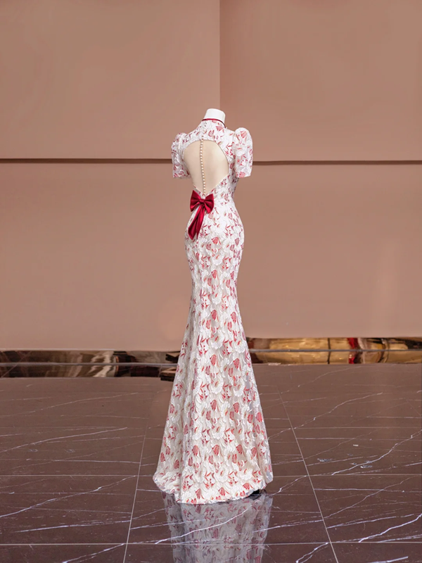 Red floral print, Chinese-style neckline, fitted waist, slimming silhouette, sexy long ball gown R8402