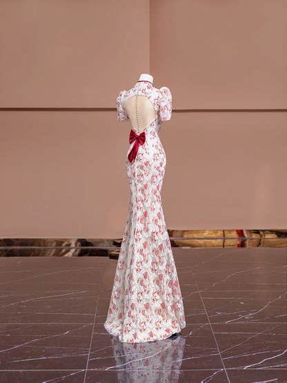 Red floral print, Chinese-style neckline, fitted waist, slimming silhouette, sexy long ball gown R8402
