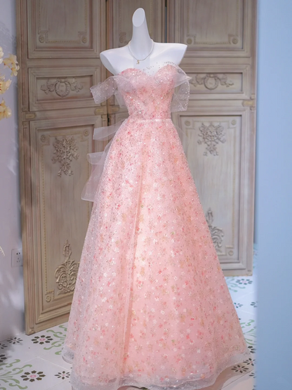Pink floral one-shoulder slim waist A-line maxi ball gown bridal gown R5859