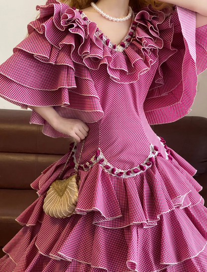 Pink V-neck Waist-Cinched Tiered Skirt Ball Gown & Bridal Gown R7378