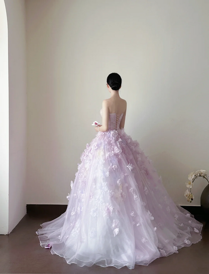 Light purple strapless, waist-cinched, full-skirted long prom dress R7963