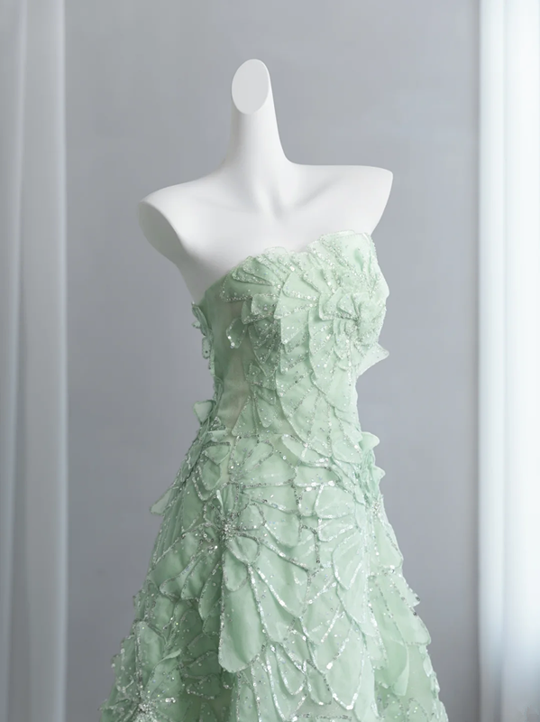 Light green strapless fitted long ball gown R8432