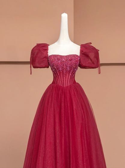 Red puff sleeves, delicate neckline, fitted waist, long ball gown, bridal dress R8492