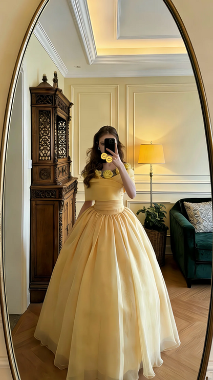 Light yellow off-shoulder fitted waist puff skirt long princess ball gown R8620