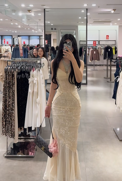 Light apricot spaghetti strap waist-cinching slim-fit mermaid sexy prom dress R7923