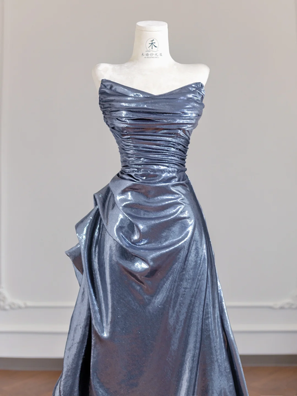 Gray-blue strapless fitted long ball gown R8257