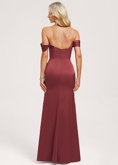 Ruffled A-Line Off-The-Shoulder Floor-Length Matte Satin Bridesmaids Dress