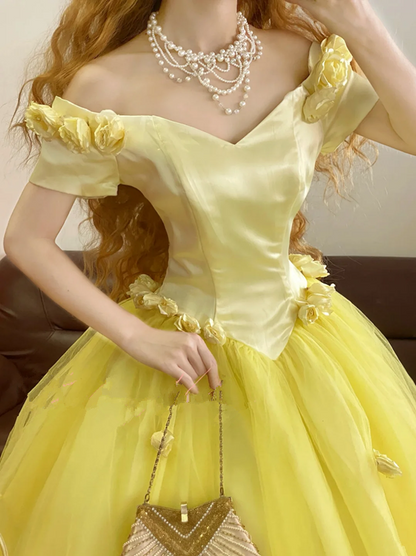 Yellow Off-the-Shoulder Waist-Cinched Puffy-Hem Long-Length Ball Gown, Bridal Gown R7330