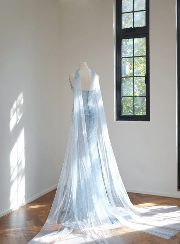 Light blue strapless fitted long ball gown R8462