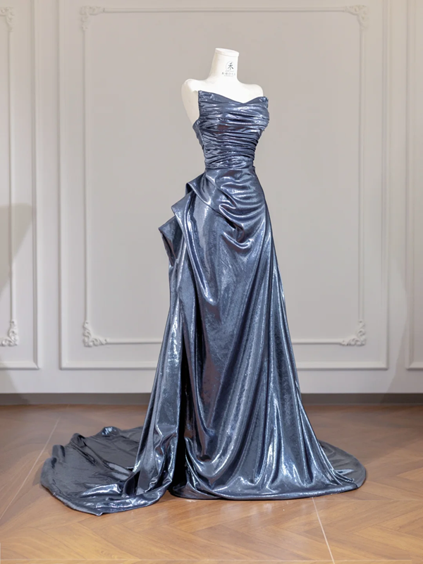 Gray-blue strapless fitted long ball gown R8257