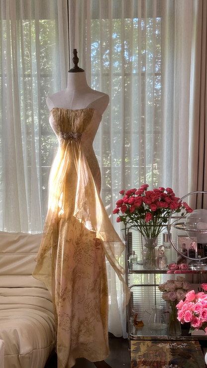 Champagne gold strapless fitted long ball gown R7692