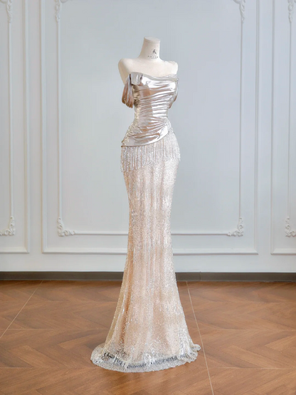 Silver off-the-shoulder fitted bodice, light pink bodycon long ball gown R8202