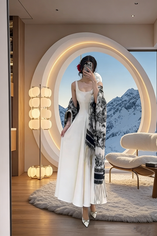 White halter-neck fitted ball gown with a full skirt, elegant and sophisticated R8042