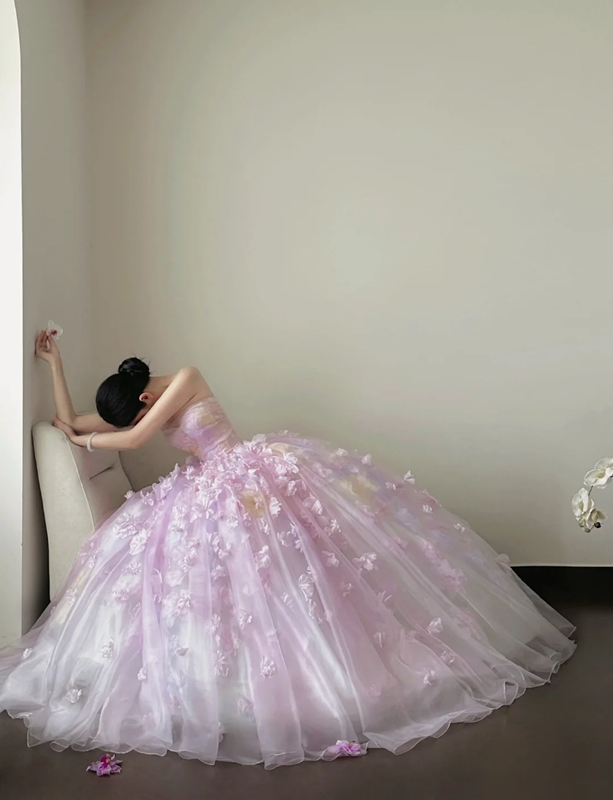 Light purple strapless, waist-cinched, full-skirted long prom dress R7963