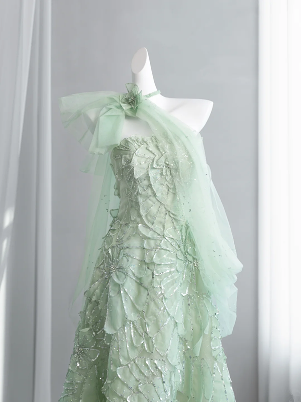Light green strapless fitted long ball gown R8432