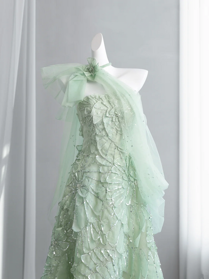 Light green strapless fitted long ball gown R8432