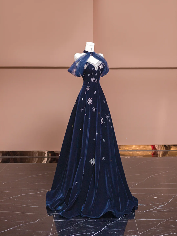 Dark blue strapless, fitted A-line long ball gown R8378