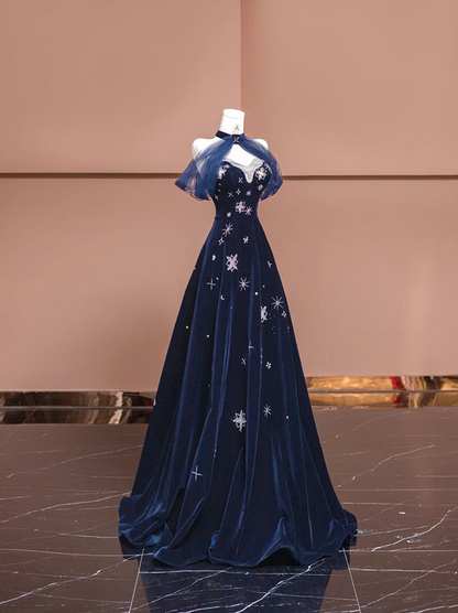 Dark blue strapless, fitted A-line long ball gown R8378