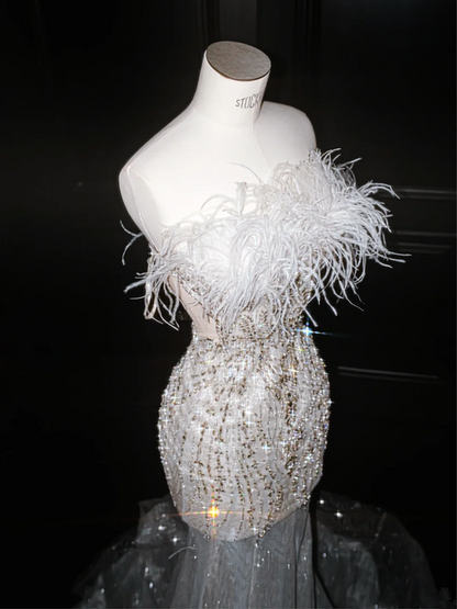 White tube top feather waist slim sequin fishtail maxi dress, prom dress R5662