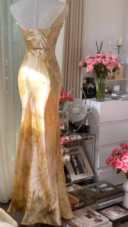 Champagne gold strapless fitted long ball gown R7692