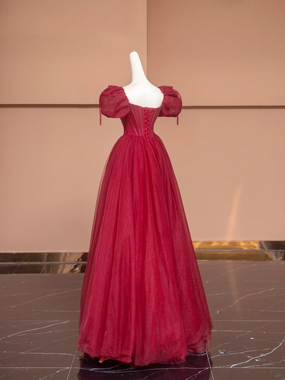Red puff sleeves, delicate neckline, fitted waist, long ball gown, bridal dress R8492