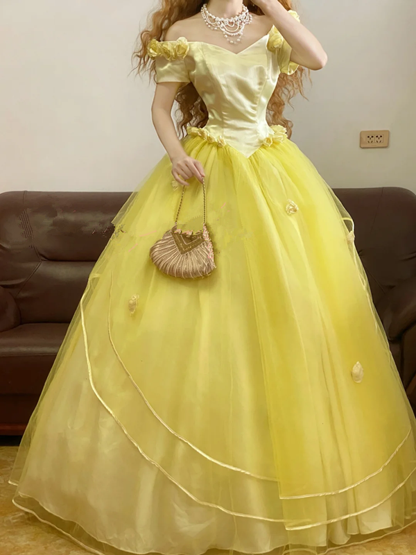 Yellow Off-the-Shoulder Waist-Cinched Puffy-Hem Long-Length Ball Gown, Bridal Gown R7330