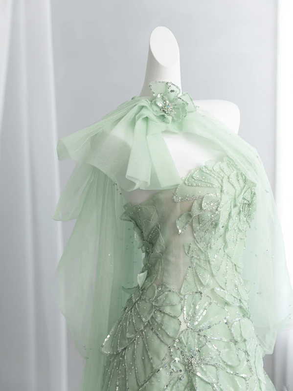 Light green strapless fitted long ball gown R8432