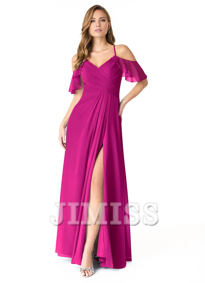 A-line V-neck pleated chiffon side slit and floor length bridesmaid dress - Dress