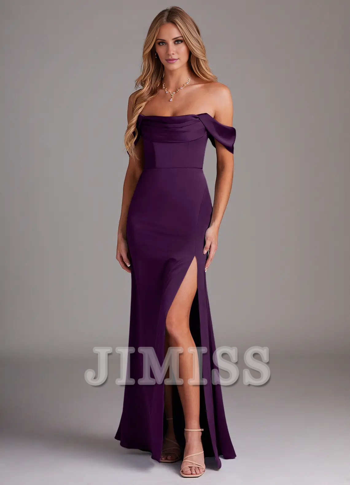 Off Shoulder Side Split Satin and Floor length Bridesmaid Dress - Dress
