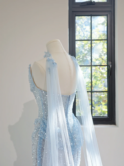 Light blue strapless fitted long ball gown R8462