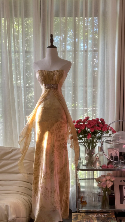 Champagne gold strapless fitted long ball gown R7692