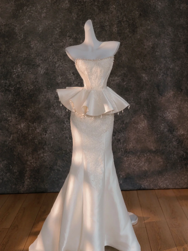 White tube top waist flared top hip fishtail long skirt bridal dress R5783