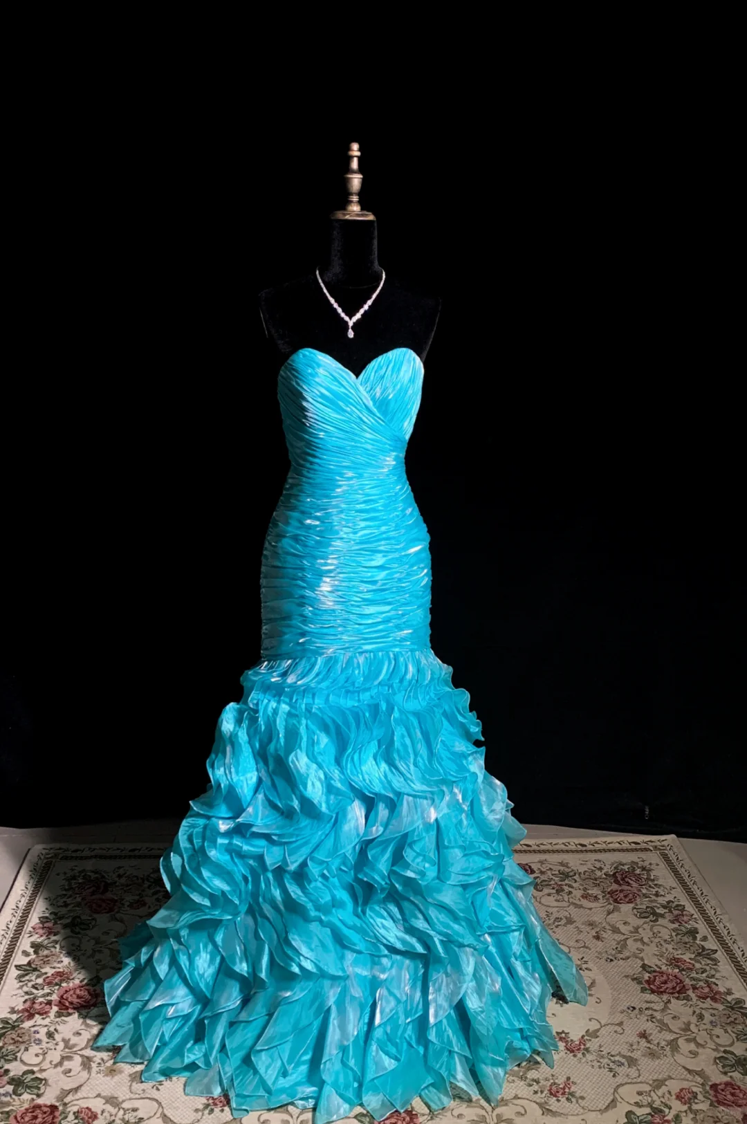 Lake blue strapless fitted waist pleated long ball gown R8680