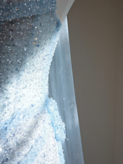 Light blue strapless fitted long ball gown R8462