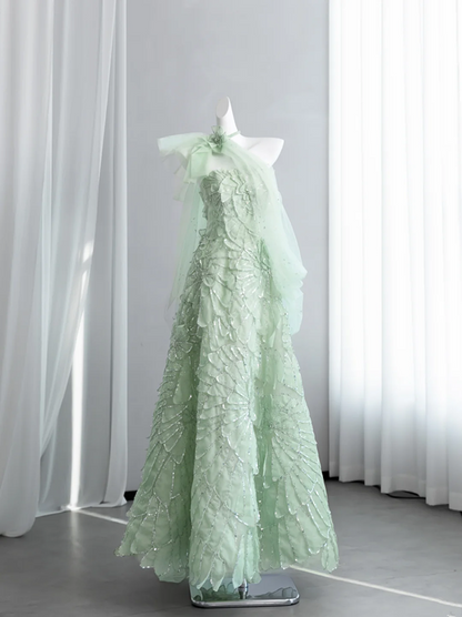 Light green strapless fitted long ball gown R8432