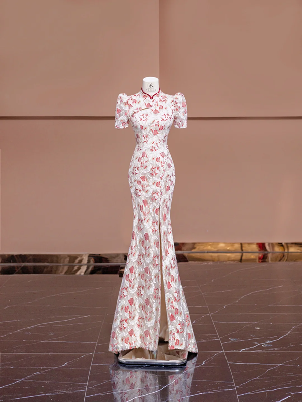 Red floral print, Chinese-style neckline, fitted waist, slimming silhouette, sexy long ball gown R8402