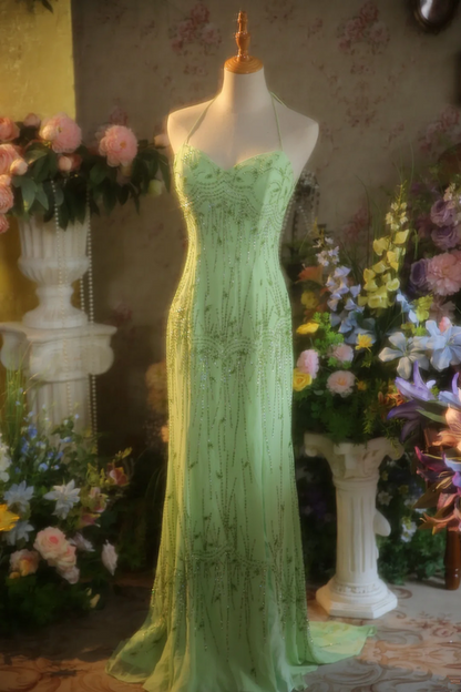 Light green halter neck strap fitted waist long ball gown/bridal dress R7269