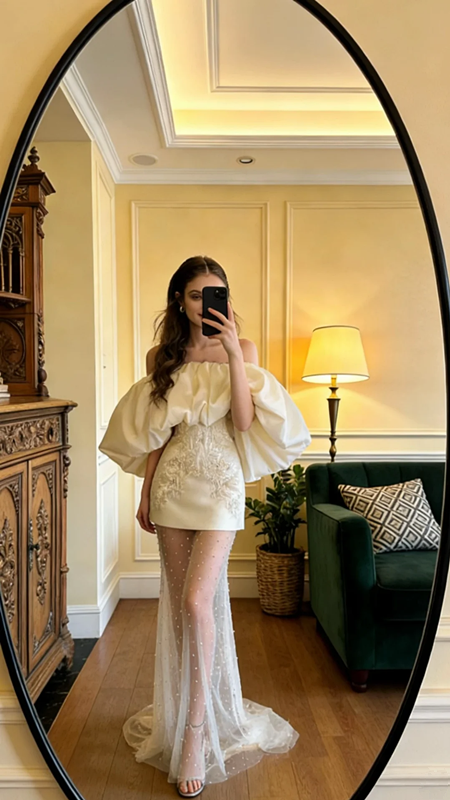 White off-the-shoulder fitted short sexy ball gown R8589
