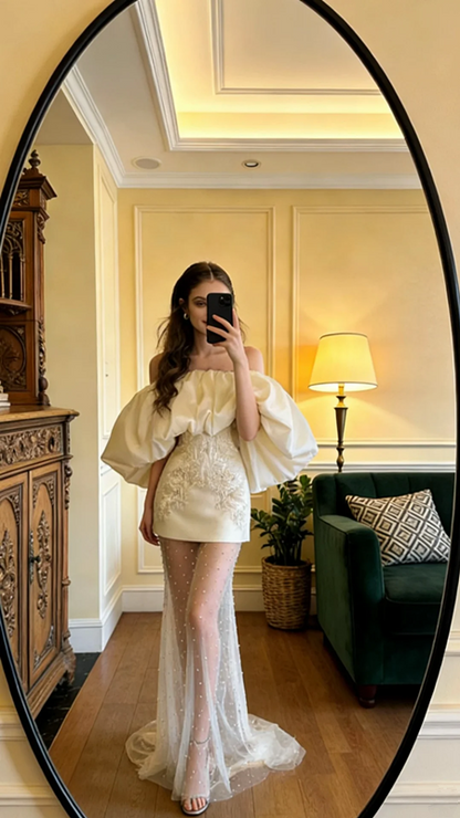 White off-the-shoulder fitted short sexy ball gown R8589